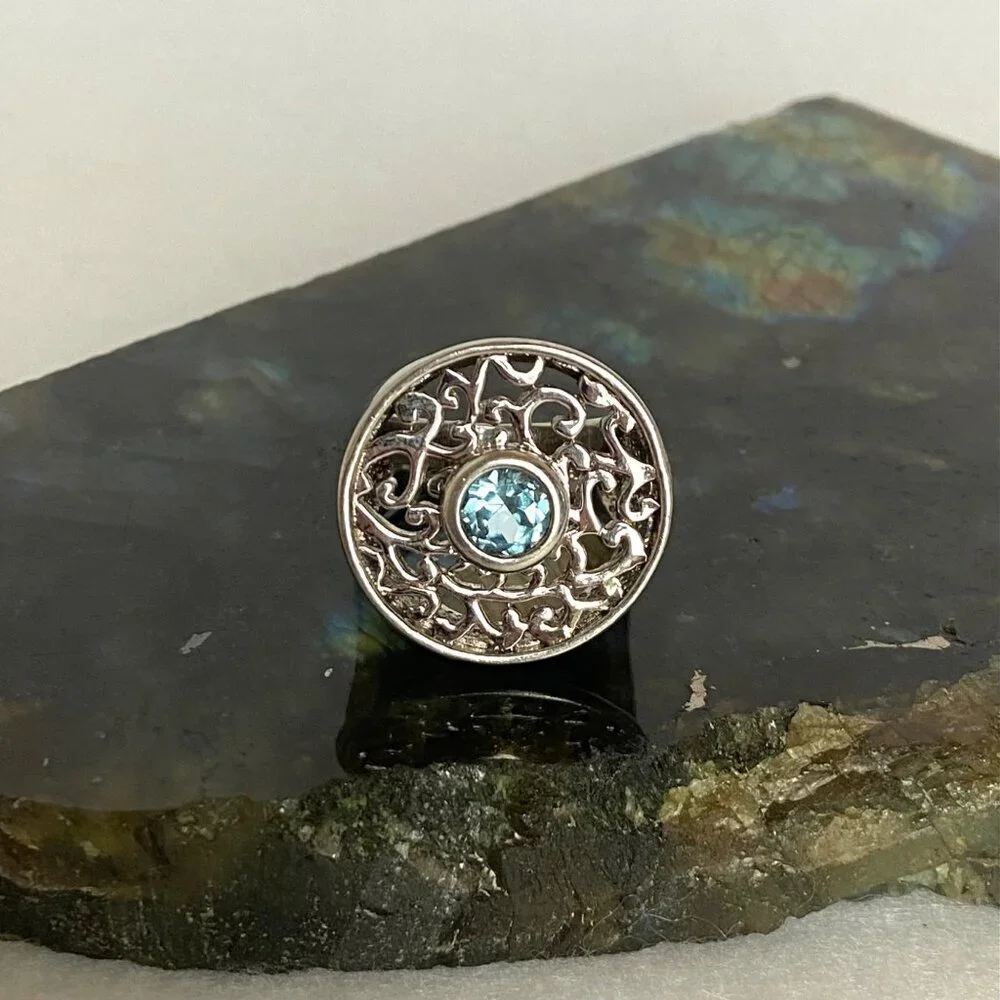 Sterling Silver 925 Round Blue Topaz Scrollwork Wide Band Statement Ring Sz 5.75